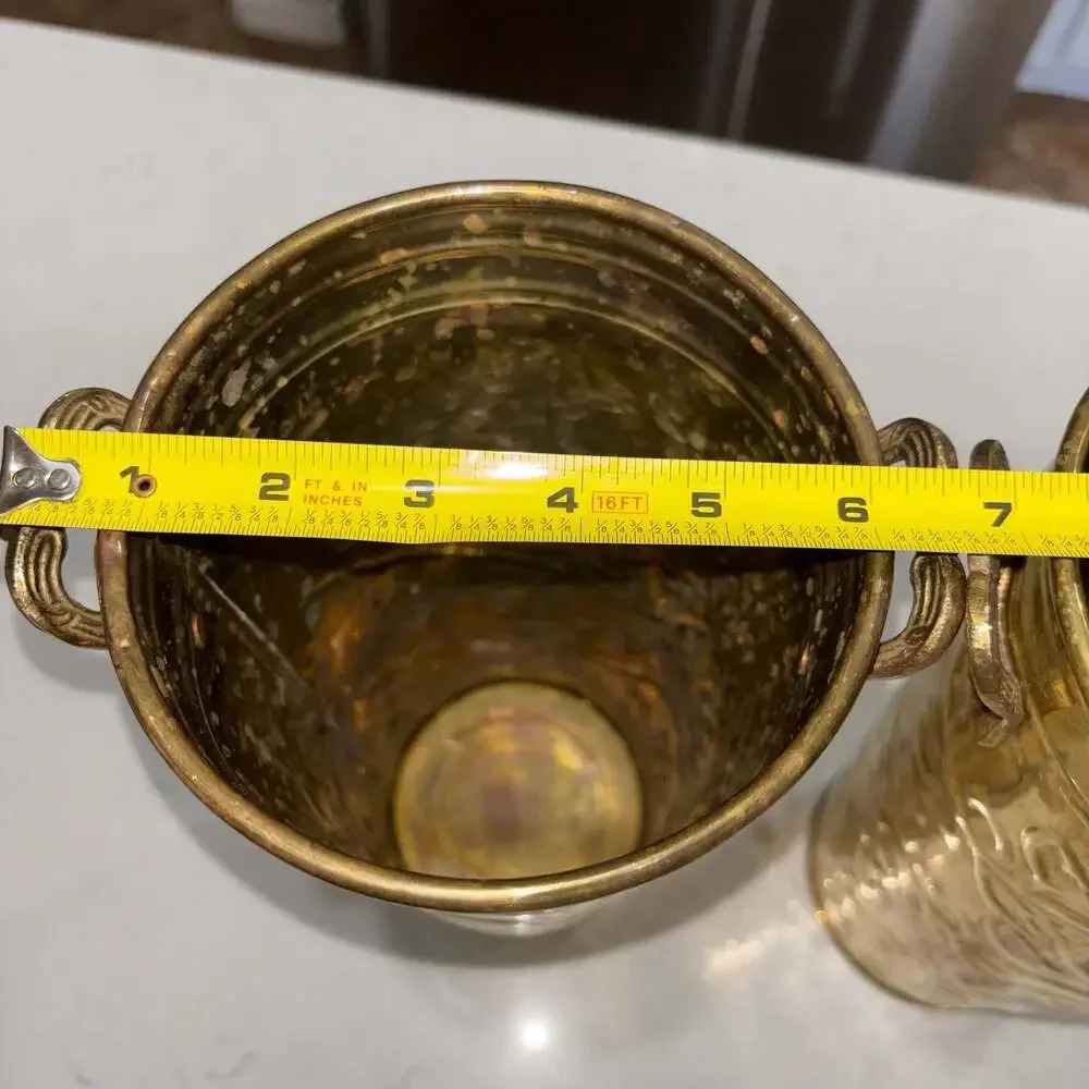 Vintage Hosley French Brass Bucket Planter Vases with Embossed Floral/Grapevine